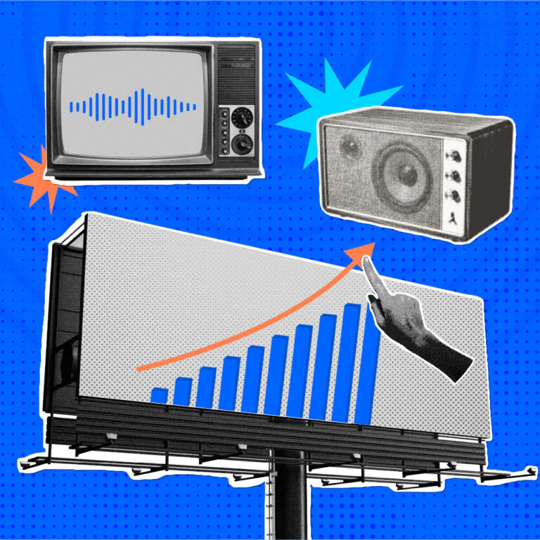 Traditional media and digital strategy illustration with TV, radio, billboard and performance analytics