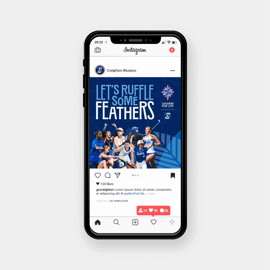 Let's Ruffle Some Feathers Instagram post shown on a phone for Creighton Bluejays
