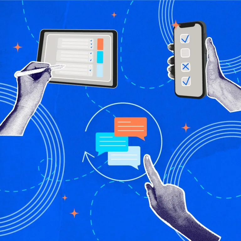 Hands using a tablet and a phone with checklists while a finger points to chat bubbles inside a circular arrow