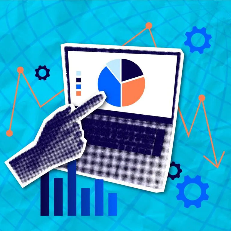 Hand pointing to a pie chart on a laptop screen, surrounded by bar graphs, a trend line and gears
